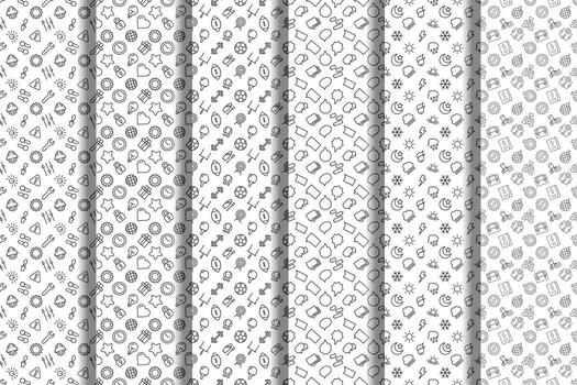 colección de repitiendo sin costura patrones de reparar, símbolos, deporte, habla burbujas, clima, programación para impresión en varios superficies tal como postales, pancartas, tela, documentos, platos etc vector