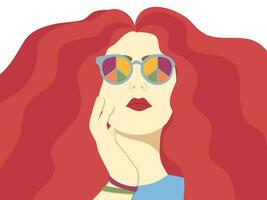 Psychedelic style portrait of a pretty girl in sunglasses. Groovy colors. Vector illustration.