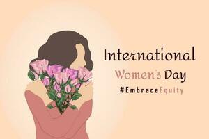 internacional mujer s día 8 marzo. romper el sesgo horizontal póster con un mujer abrazando un ramo de flores de rosas con su brazos cruzado. vector