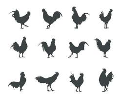 Rooster silhouettes, Rooster silhouette set, Rooster animal silhouette vector