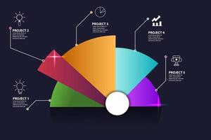 Vector circle graphic design, modern 5 steps template for creating infographics, presentations, reports, visualizations. Global Swatches.