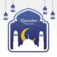 Ramadan Kareen Vector poster flat art with mosque doom and hanging lantern in background Crescent moon and starry sky night Design isolated free editable for content material asset