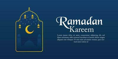 Ramadan Kareen Vector poster flat art with mosque doom and hanging lantern in background Crescent moon and starry sky night Design isolated free editable for content material asset banner