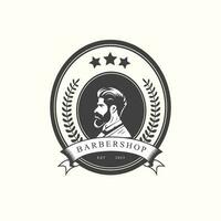 Barbershop logo, greeting poster or banner design concept with bearded men Vector illustration