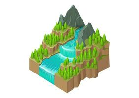 mountain with river waterfall and pine forest vector