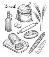 Ingredients and bread set. Hand drawn vector illustration. Isolated on white background. Vintage style.