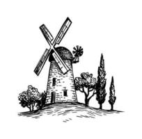 Old tower mill ink sketch. Retro style illustration. vector