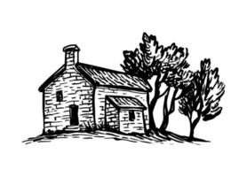 antiguo rural casa. mano dibujado tinta bosquejo. vector