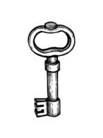 Old key. Ink sketch isolated on white background. Hand drawn vector illustration. Retro style.