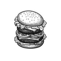 doble empanada hamburguesa. tinta bosquejo aislado en blanco antecedentes. mano dibujado vector ilustración. retro estilo.