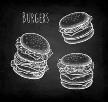 Double patty burger, hamburger and cheeseburger. Collection of chalk sketches on blackboard background. Hand drawn vector illustration. Retro style.