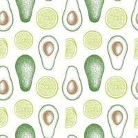 Guacamole sauce ingredients. Seamless pattern with avocado and lime. Ink sketch isolated on white background. Hand drawn vector illustration. Retro style.