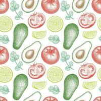 Guacamole sauce ingredients. Seamless pattern with avocado, lime and tomato. Ink sketch isolated on white background. Hand drawn vector illustration. Retro style.