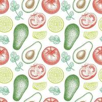 Guacamole sauce ingredients. Seamless pattern with avocado, lime and tomato. Ink sketch isolated on white background. Hand drawn vector illustration. Retro style.