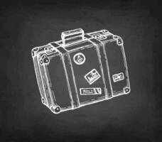 Suitcase with stickers. Chalk sketch on blackboard background. Hand drawn vector illustration. Retro style.