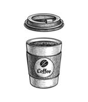 Coffee to go. Paper cup with lid. label with text and bean. Small size. Ink sketch isolated on white background. Hand drawn vector illustration. Retro style.