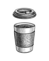 Hot drink in paper cup with lid. Coffee to go. Small size. Ink sketch mockup isolated on white background. Hand drawn vector illustration. Retro style.