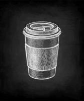 Paper cup with lid. Coffee to go. Small size. Chalk sketch mockup on blackboard background. Hand drawn vector illustration. Retro style.