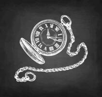 Pocket watch with lid and chain. Chalk sketch on blackboard background. Hand drawn vector illustration. Retro style.