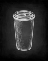 Coffee to go. Paper or plastic cup with lid. Chalk sketch mockup on blackboard background. Hand drawn vector illustration. Retro style.
