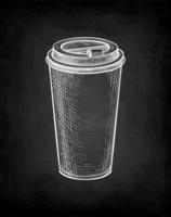 Coffee to go. Paper or plastic cup with lid. Chalk sketch mockup on blackboard background. Hand drawn vector illustration. Retro style.