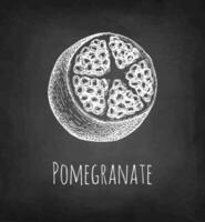 Pomegranate sliced in half. Chalk sketch on blackboard background. Hand drawn vector illustration. Retro style.