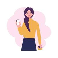 woman holding cellphone displays flat vector illustrations