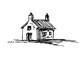 Old stone house. Ink sketch. Isolated on white background. Retro style. vector