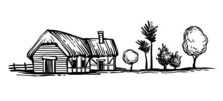 Old country house with thatched roof. Different trees. Ink sketch isolated on white background. Hand drawn vector illustration. Retro style.