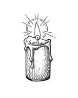 Thick candle burning. Ink sketch isolated on white background. Hand drawn vector illustration. Retro style.