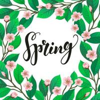 Spring text on floral background. Calligraphic Lettering. Cherry blossom. Vector illustration of branch with flowers. Banner template.