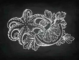 Octopus with lemon and parsley. Seafood chalk sketch on blackboard background. Hand drawn vector illustration. Retro style.