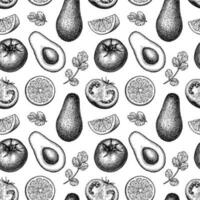 Guacamole sauce ingredients. Seamless pattern with avocado, lime and tomato. Ink sketch isolated on white background. Hand drawn vector illustration. Retro style.