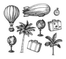 Vintage travel set. Ink sketch of retro objects isolated on white background. Hand drawn vector illustration.