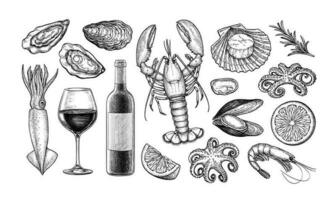 vino y fruto de mar. tinta bosquejo colección aislado en blanco antecedentes. mano dibujado vector ilustración. retro estilo.