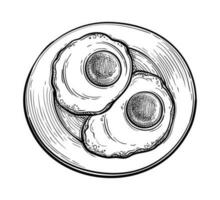 Fried eggs on plate. Ink sketch of breakfast isolated on white background. Hand drawn vector illustration. Retro style.