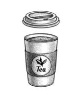 Hot tea. Paper cup with lid. label with text and leaves. Ink sketch isolated on white background. Hand drawn vector illustration. Retro style.