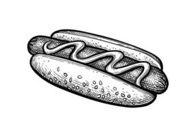 Hot dog. Ink sketch isolated on white background. Hand drawn vector illustration. Retro style.