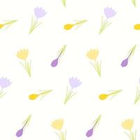 Seamless pattern of hand drawn simple crocuses on isolated background. Spring design for mothers day, Easter, springtime and summertime celebration, scrapbooking, textile, home decor, paper craft. vector