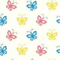 Seamless pattern of hand drawn colourful butterflies on isolated background. Spring design for mothers day, Easter, springtime and summertime celebration, scrapbooking, textile, home decor, crafts. vector