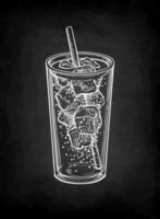 Soda glass with ice and drinking straw. Chalk sketch of cola on blackboard background. Hand drawn vector illustration. Retro style.