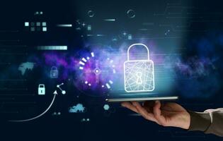 Man's hand holding smartphone, lock icon above it, concept of personal data protection in the world wide web photo