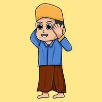 Cartoon illustration of an Islamic child doing a learning activity vector