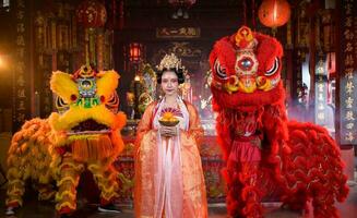chino mujer con amarillo y rojo leones eso es considerado a mejorar el prosperidad para uno mismo en el ocasión de el chino nuevo año festival cada año foto