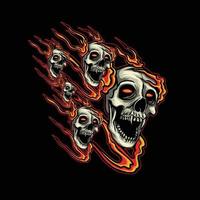 Skulls with fire flames on black background. Vector illustration for streetwear needs.