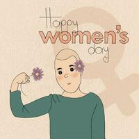 Isolated bald girl character with flowers Happy women day poster Vector