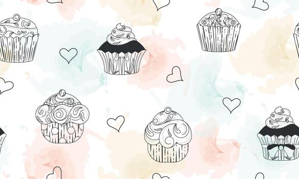 Seamless pattern background with different cupcakes Vector