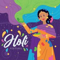 Happy girl character with paint and powder Holi festival poster Vector