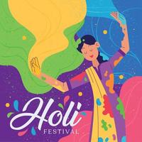 Happy girl character with paint and powder Holi festival poster Vector
