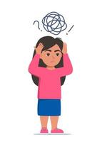 Sad girl standing on floor surrounded by stream of anxious thoughts. Autism, child stress, mental disorder, anxiety, depression, stress, headache. Child plugged ears with hands. Vector illustration.